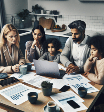 Profesjonelt bilde av en norsk familie som planlegger økonomi ved kjøkkenbordet med laptop, regneark og kaffekopper, rolig fargepalett, moderne stil