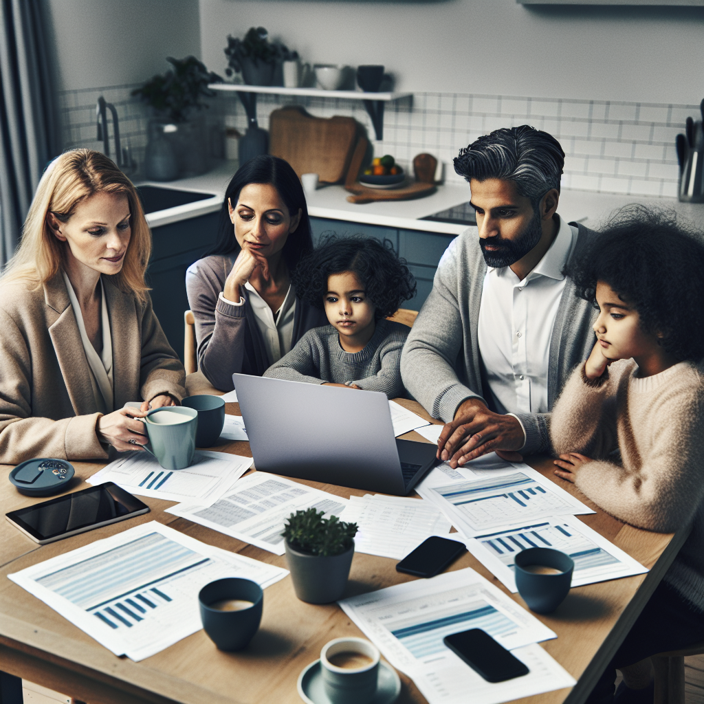 Profesjonelt bilde av en norsk familie som planlegger økonomi ved kjøkkenbordet med laptop, regneark og kaffekopper, rolig fargepalett, moderne stil