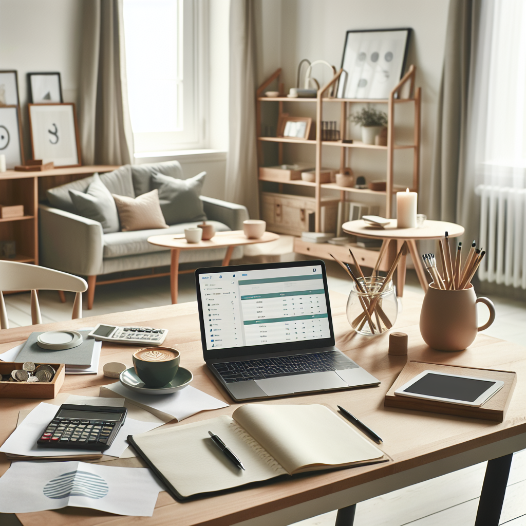 Foto av en travel nordisk husstand som organiserer økonomi: laptop med budsjettapp, kalkulator, notatblokk og kopp kaffe på et lyst trebord, moderne stil